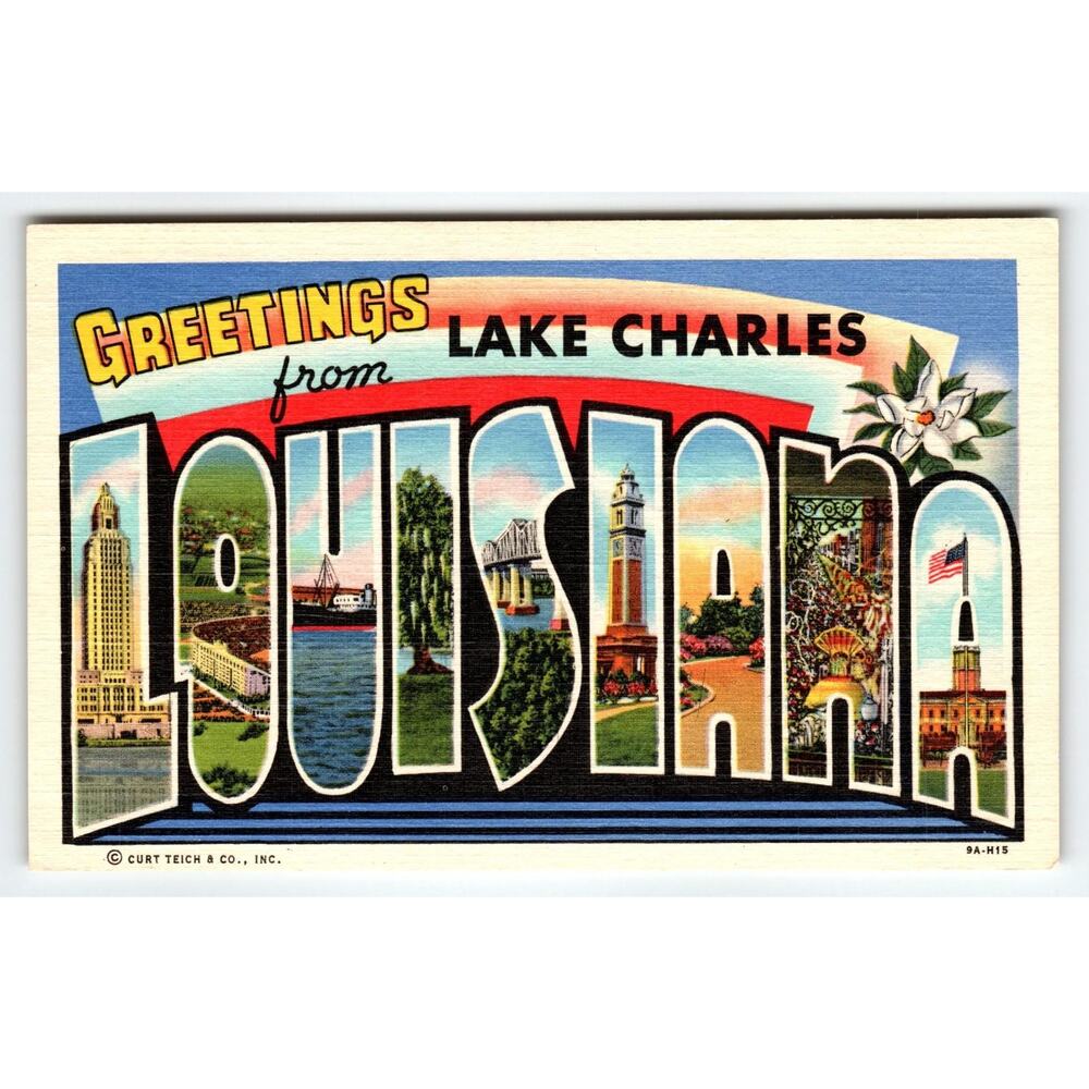 Vintage Postcard - Greetings From Louisiana Lake Charles - Large Letter Scenes